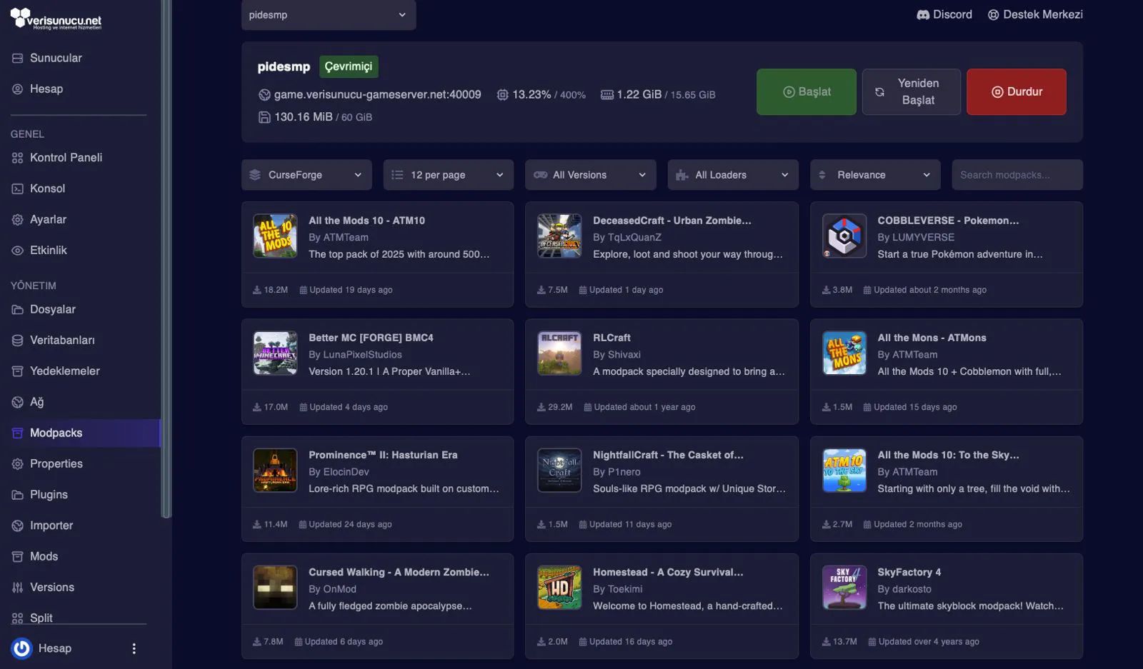 CurseForge & FTB modpack kütüphanesi